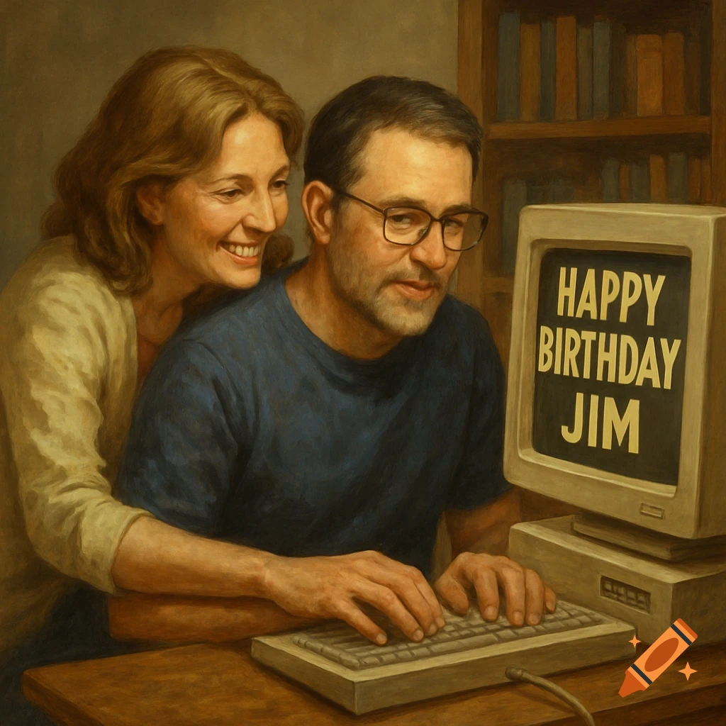 A man and woman look at a computer screen displaying 'HAPPY BIRTHDAY ...