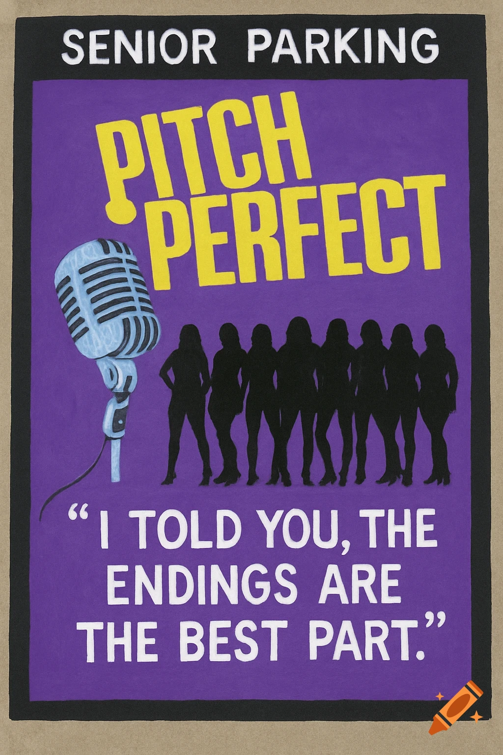 A senior parking space mural themed around Pitch Perfect, featuring the movie title, silhouettes of women, a microphone, and a quote.