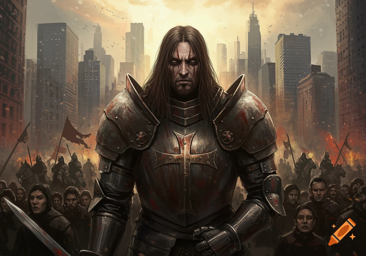 Dark fantasy illustration of a warrior in bloodied armor standing in an apocalyptic city.