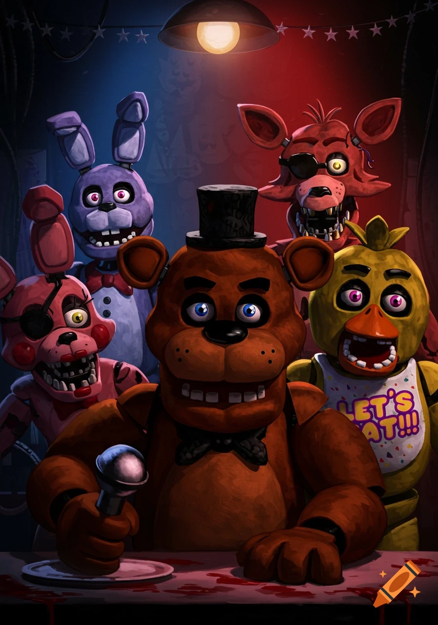 Five Nights at Freddy's characters Freddy, Bonnie, Chica, Foxy, and Mangle gathered around a table.