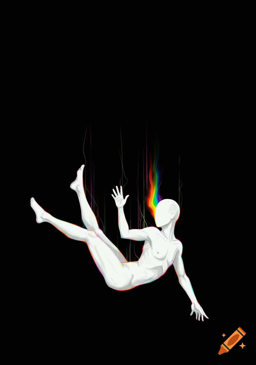 A stylized white figure falls against a black background, with rainbow colors emanating from its head. Abstract art.