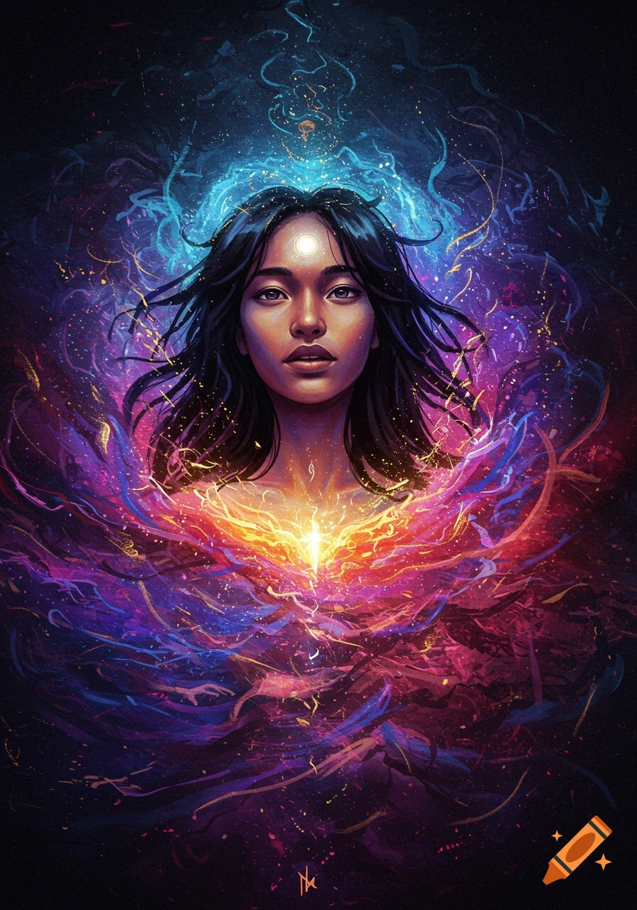 Portrait of a woman surrounded by swirling purple and blue cosmic energy, digital art.
