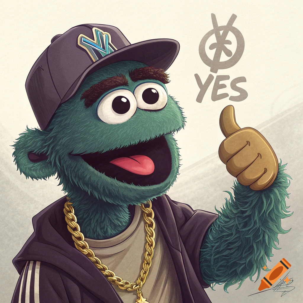 Cartoon drawing of a green muppet in a baseball cap and gold chain giving a thumbs up next to the word YES.