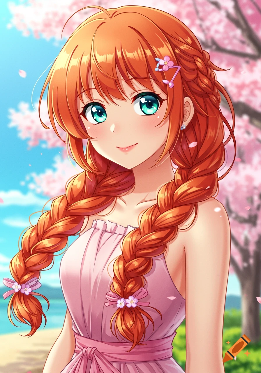 Anime girl with long ginger braided hair and cyan eyes, wearing a pink dress under cherry blossoms.
