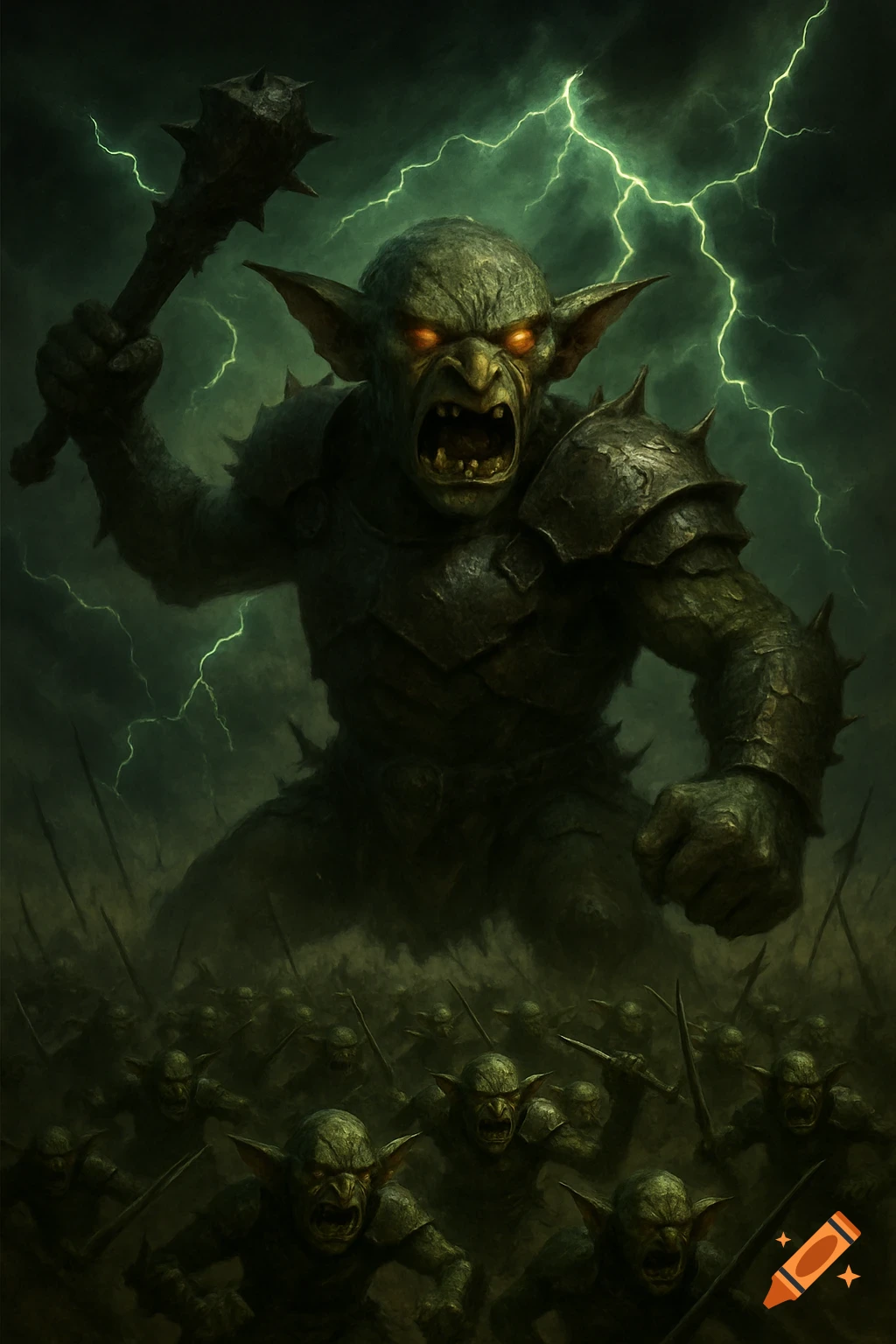 A massive armored goblin roars, raising a mace, leading a horde of goblins in a dark, stormy fantasy scene with green lightning.