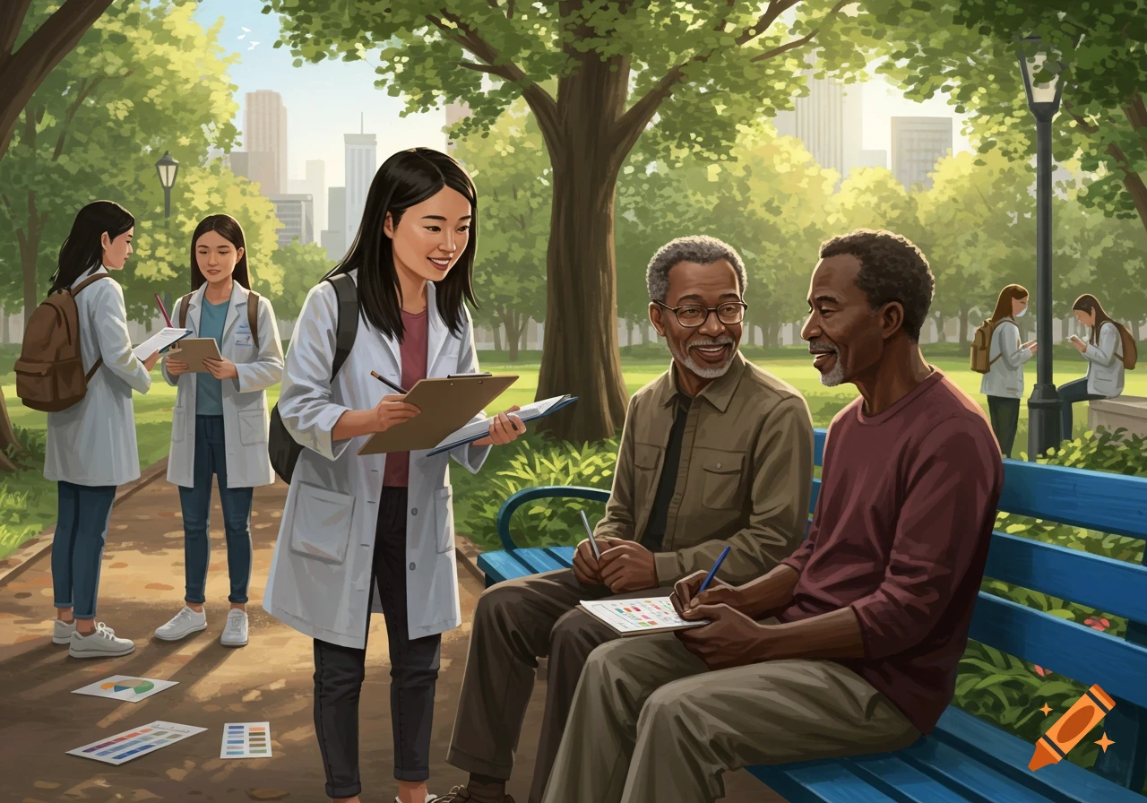 Young researchers interview older men on a park bench.