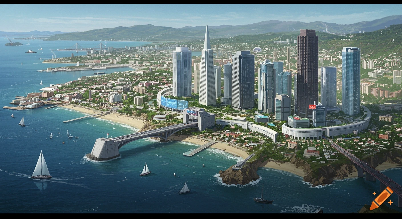 Aerial view of a bustling coastal city with modern skyscrapers, bridges, beaches, and sailboats.