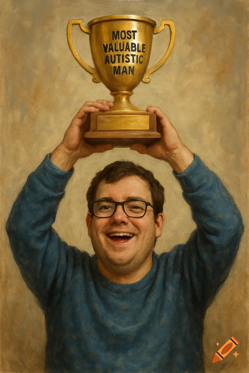 Man with glasses holding up a trophy that says 'MOST VALUABLE AUTISTIC MAN' in a painted style