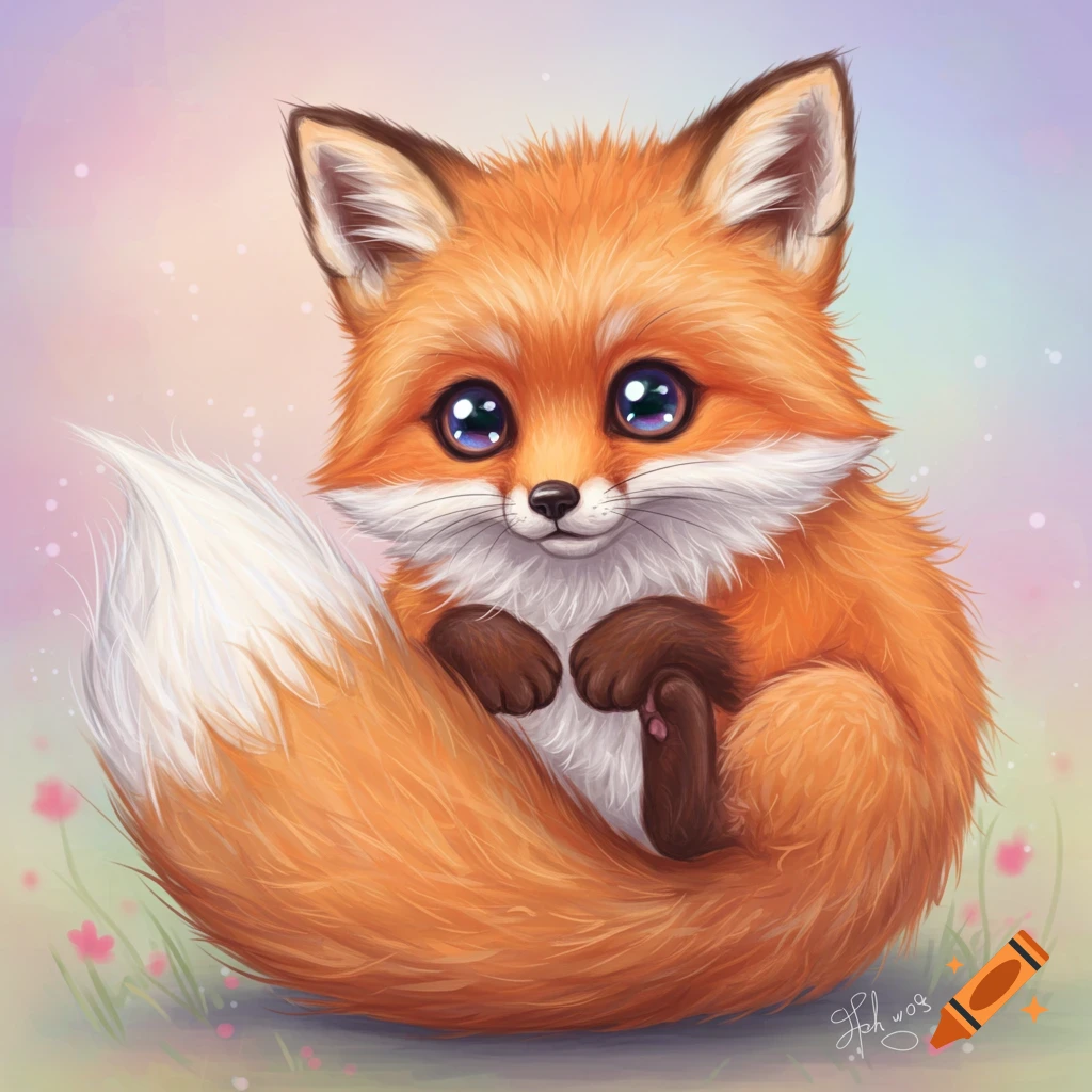 A cute cartoon fox with big eyes sitting and curled up