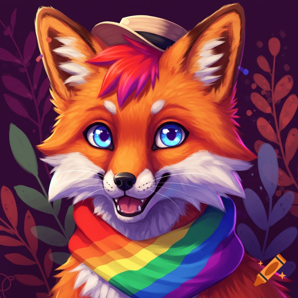 Stylized portrait of a friendly fox wearing a hat and a rainbow scarf.
