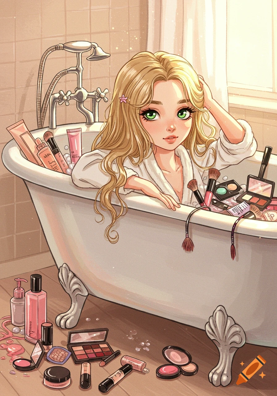 Cartoon girl in a bathtub full of cosmetics