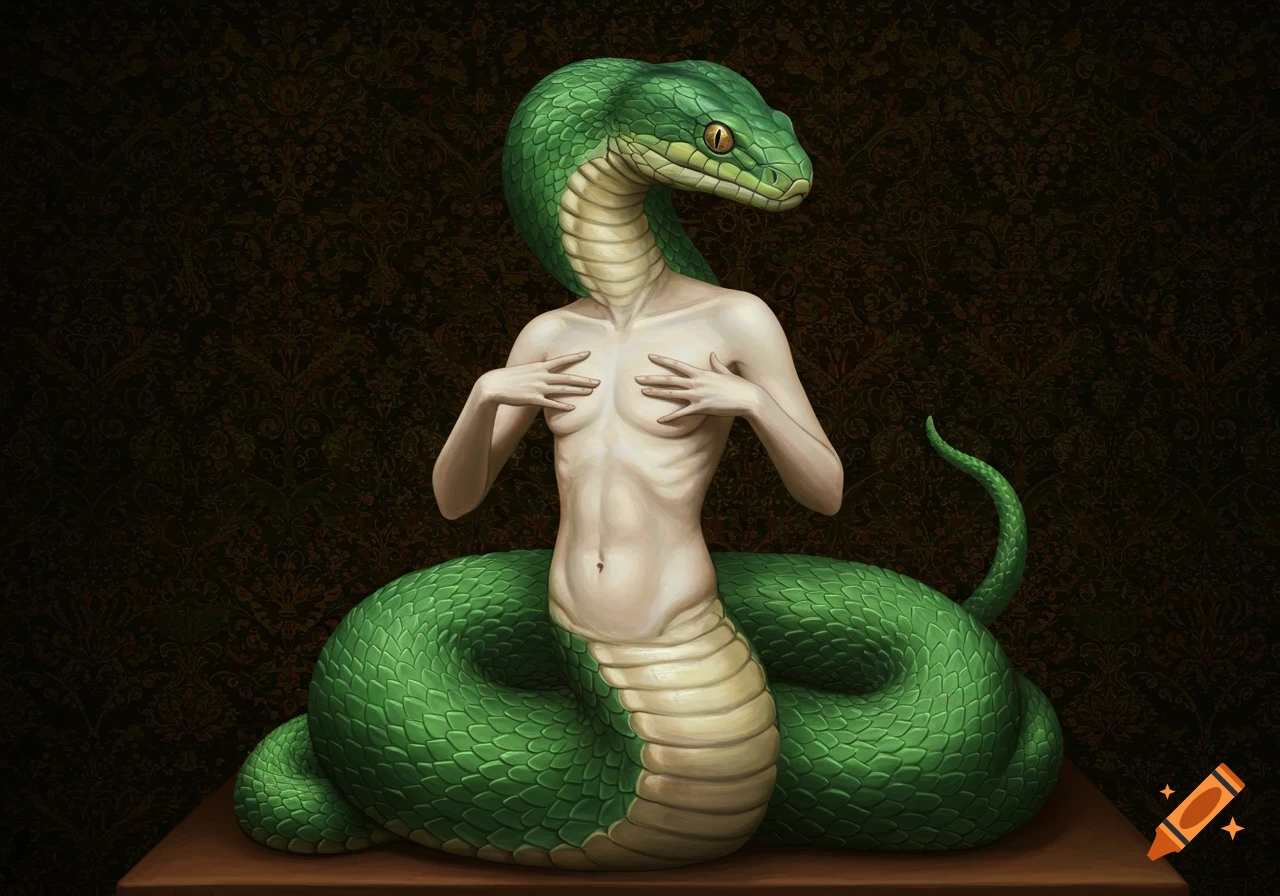 Artistic depiction of a human-snake hybrid against a dark patterned background.