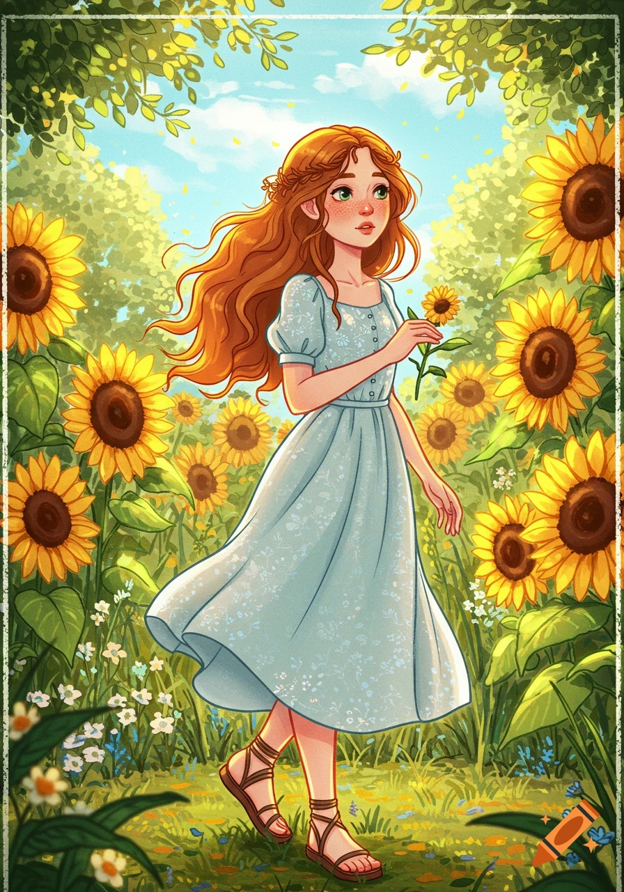 Illustration of a girl with red hair and a blue dress walking through a field of sunflowers.