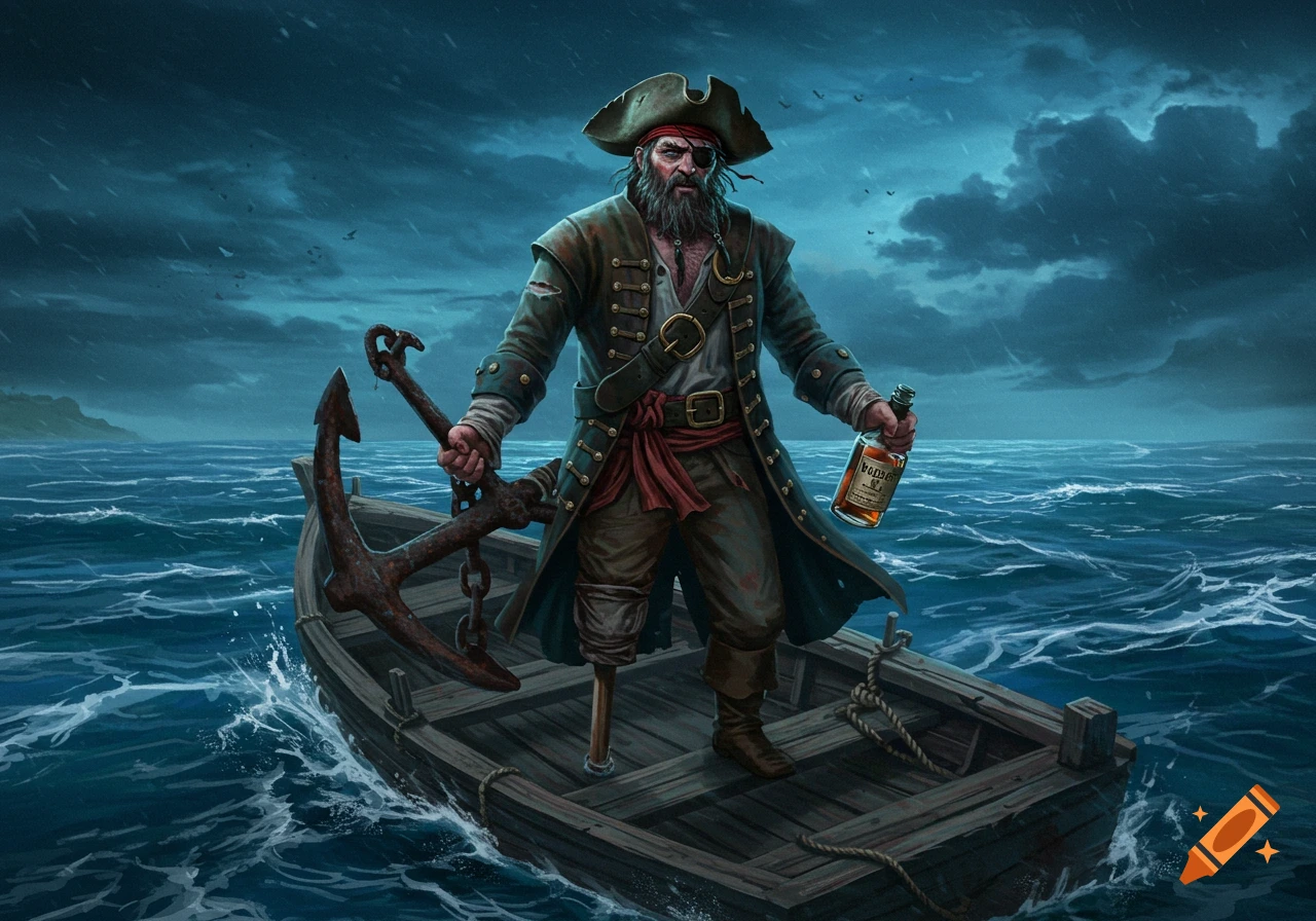 An illustration of a pirate on a small boat in a stormy sea, holding an anchor and a bottle.