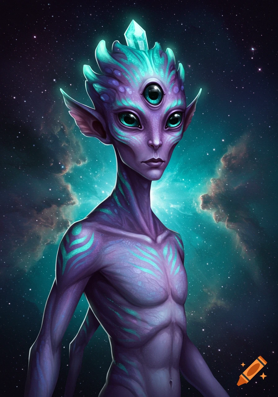 Illustration of a purple alien with three eyes and turquoise markings in space