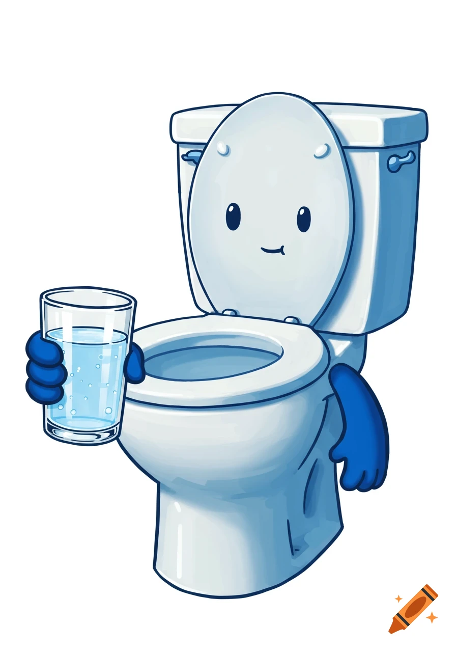 A cartoon toilet with a face holds a glass of water.