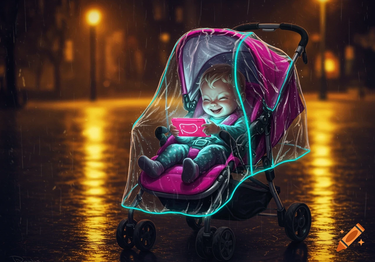 A happy baby sits in a stroller under a plastic rain cover, holding a tablet during a rainy night