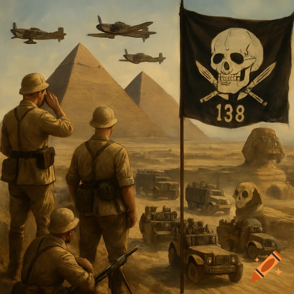 WWII German Afrika Korps soldiers, vehicles, and planes near pyramids and Sphinx with skull flag.