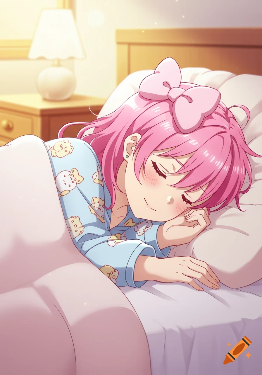 Anime girl with pink hair sleeping peacefully in bed under covers, wearing light blue pajamas with patterns.