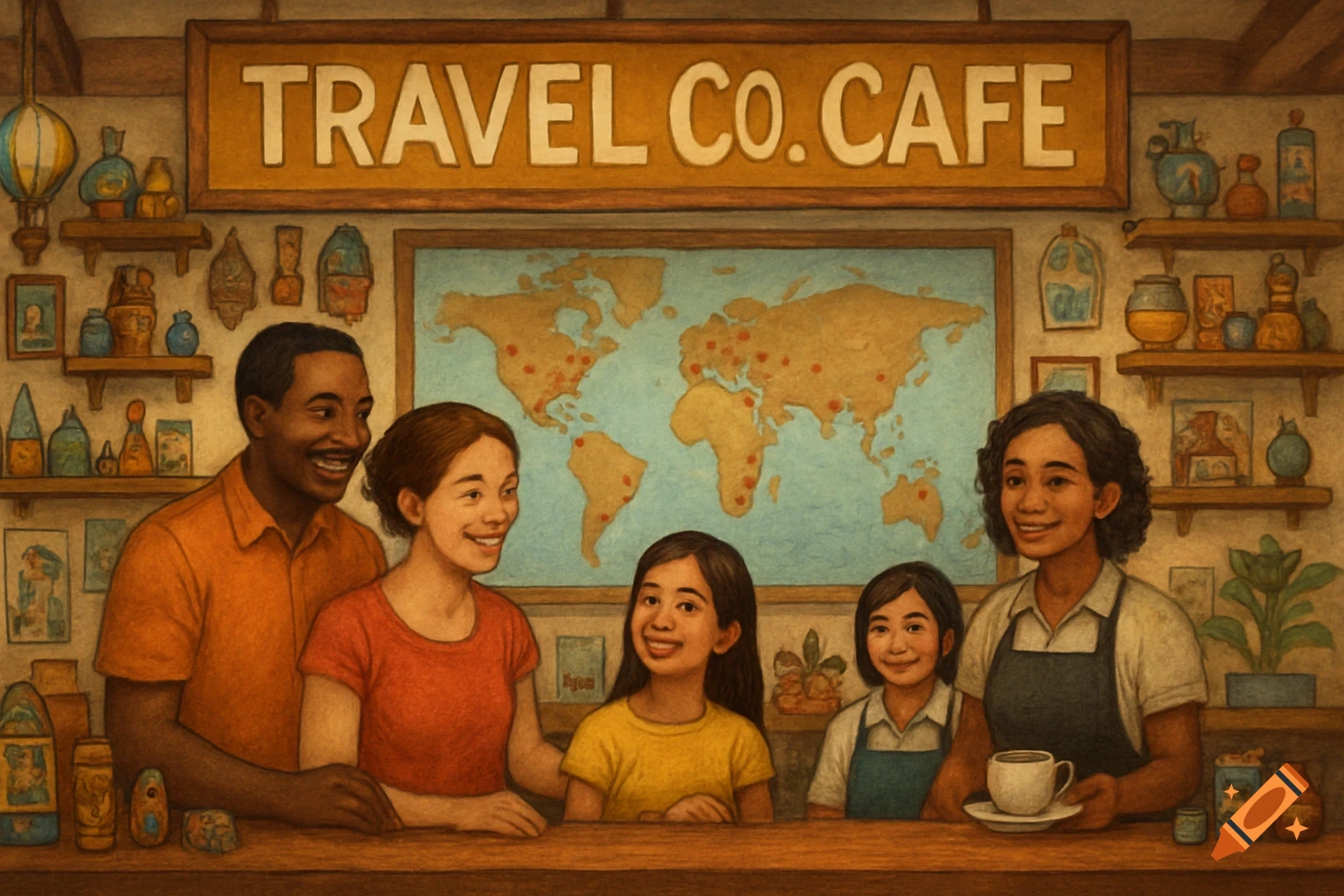 A family and staff in a travel cafe with a world map on the wall and a sign saying 'Travel Co.Cafe'.