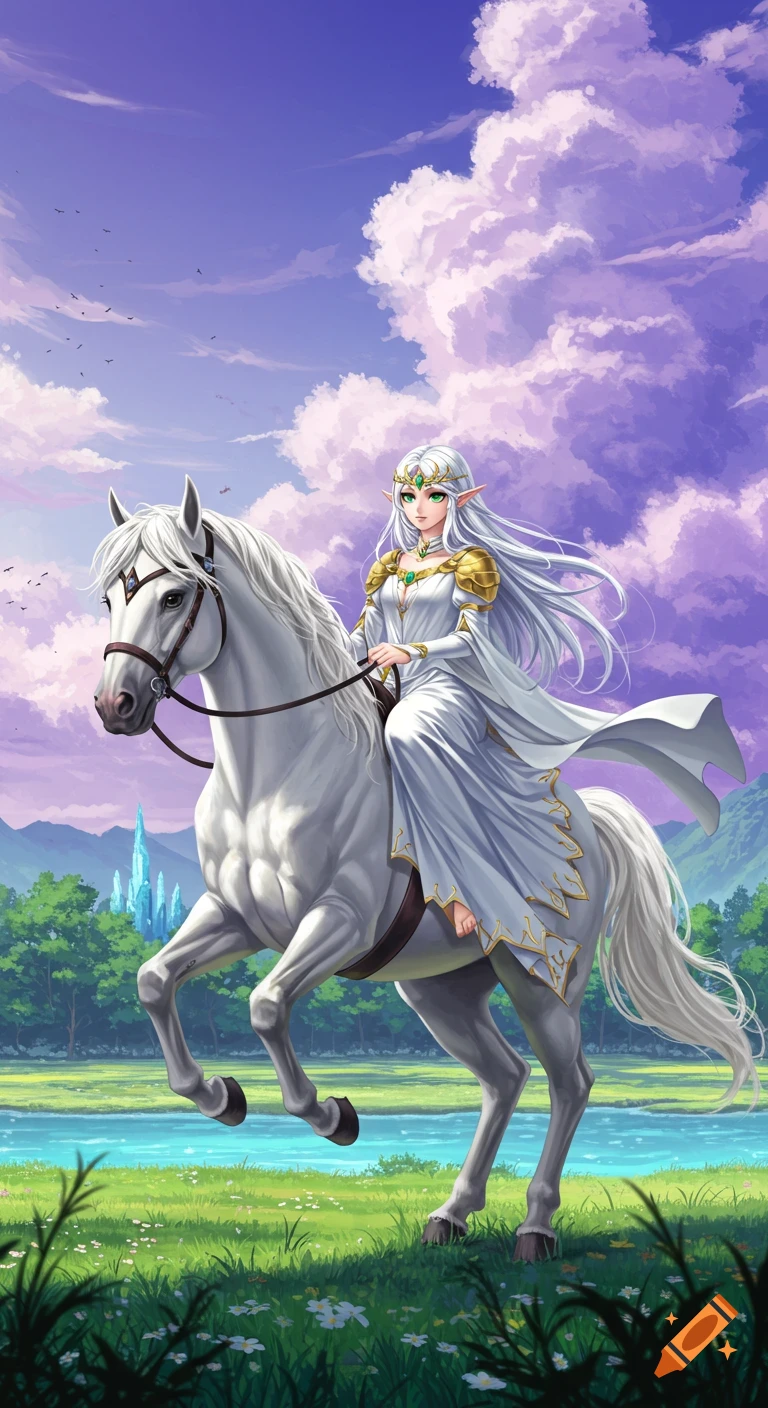 Anime illustration of a woman with long white hair riding a white horse through a fantasy landscape.
