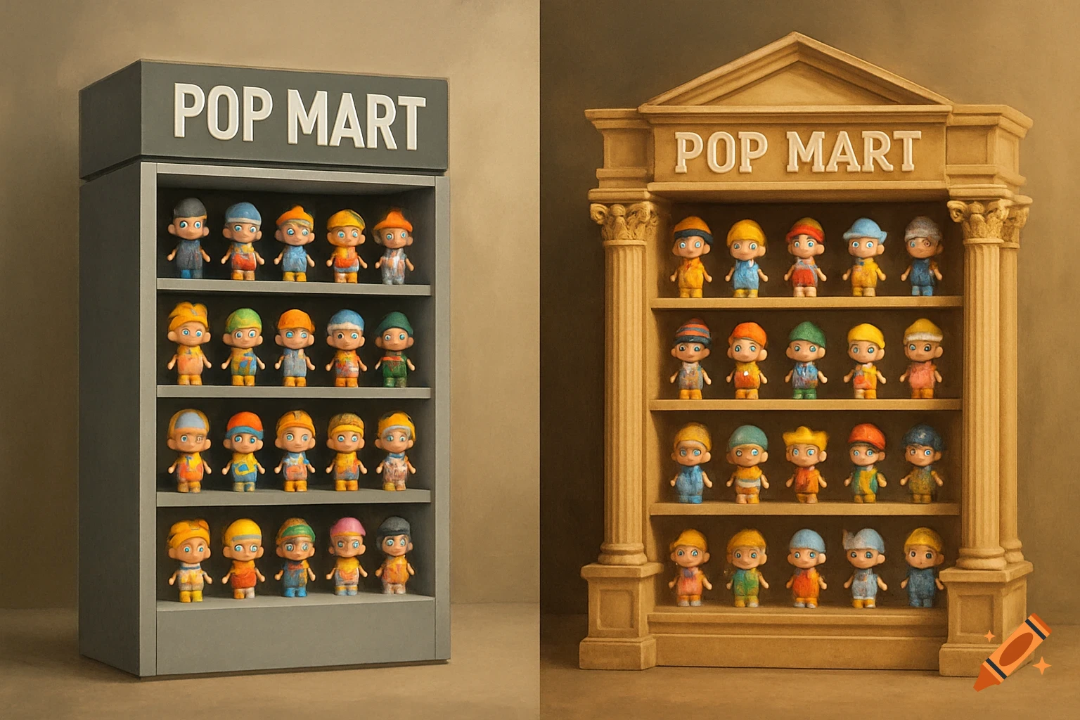 Two display cases, one modern grey and one ornate beige, filled with colorful toy figures.