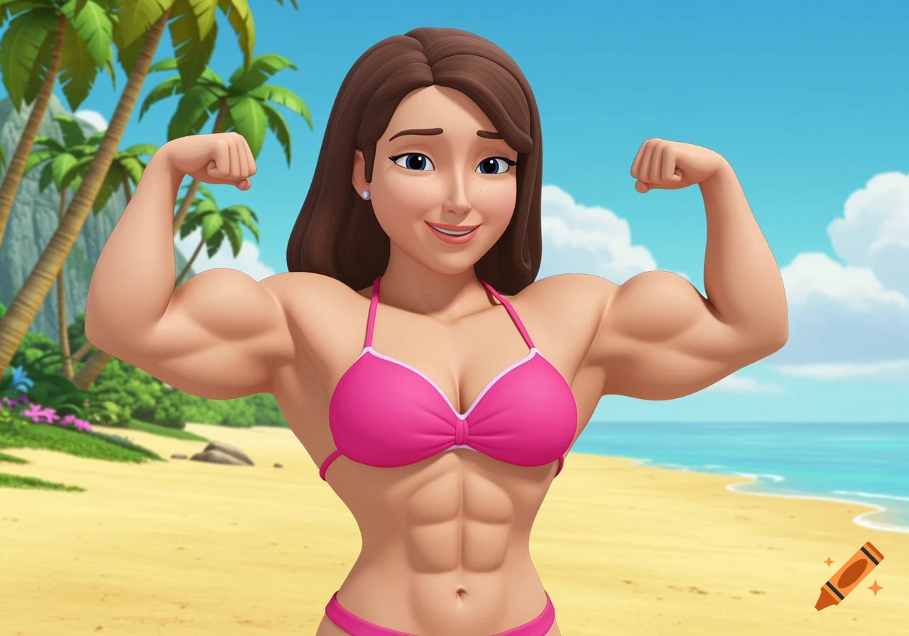 A cartoon woman with large muscles flexes in a pink bikini on a tropical beach.