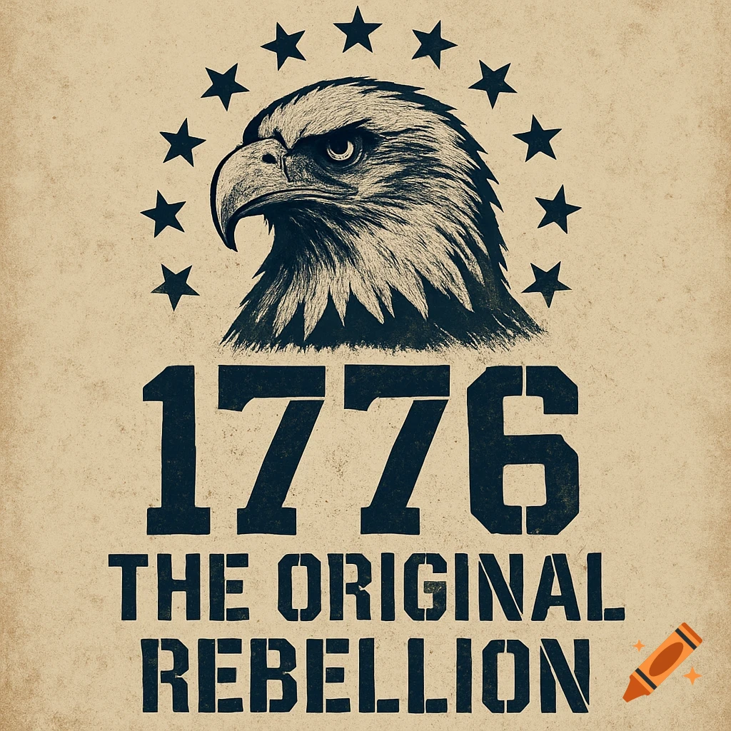 Graphic with bald eagle head, 13 stars, and text '1776 THE ORIGINAL REBELLION' on distressed background.