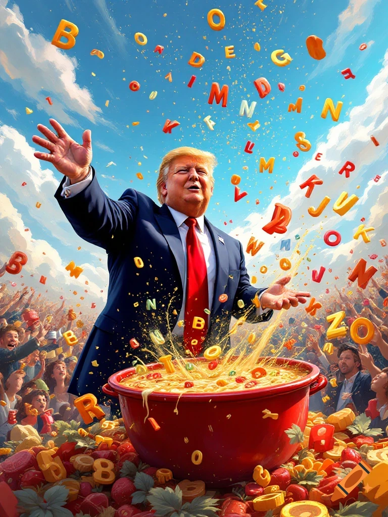Donald Trump stands over a pot with alphabet letters and numbers flying around, surrounded by a cheering crowd.