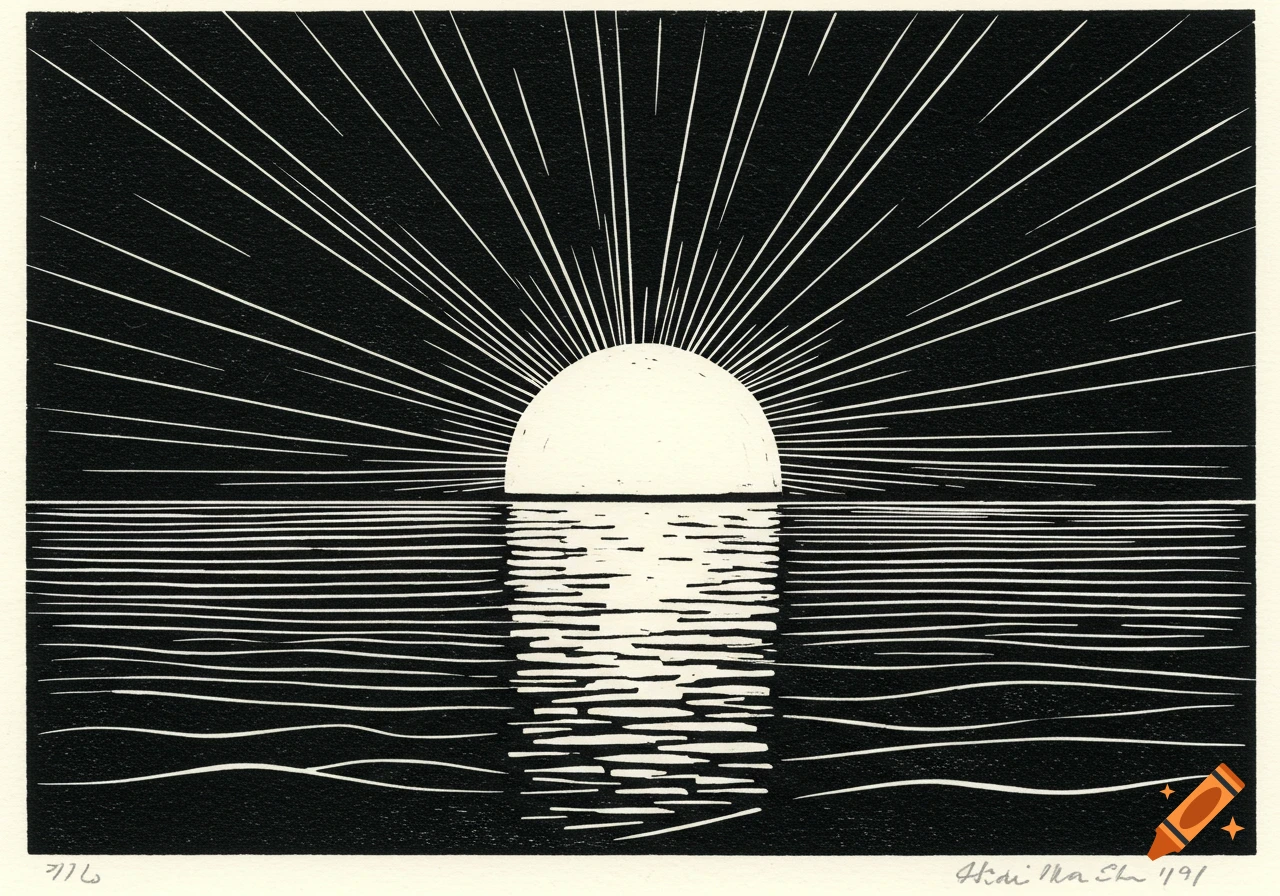Monochrome linocut of a sunrise over the ocean with radiating light rays and reflections on the water.