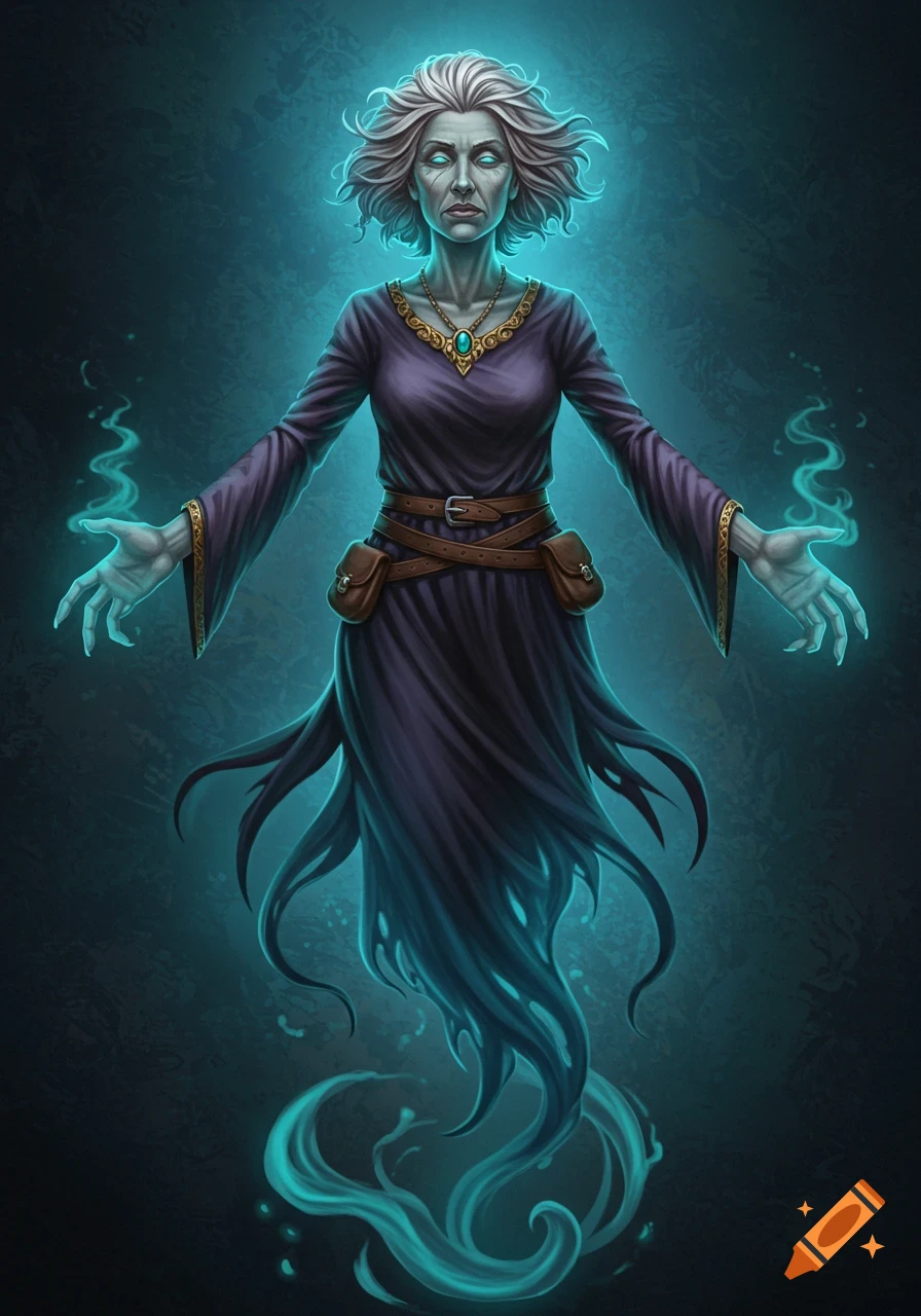 Digital art illustration of a ghostly woman in a dark dress with glowing energy