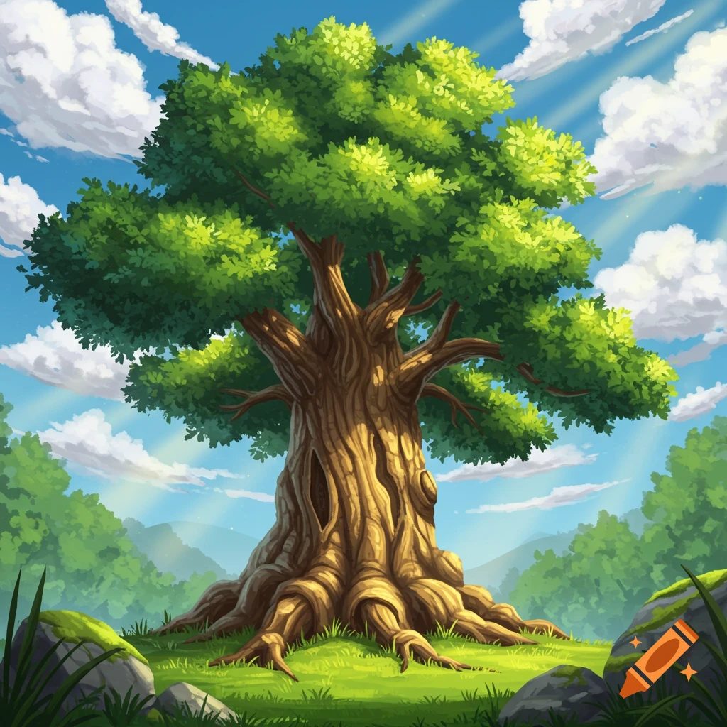 Large old tree in a grassy field with hills and clouds in a stylized landscape.