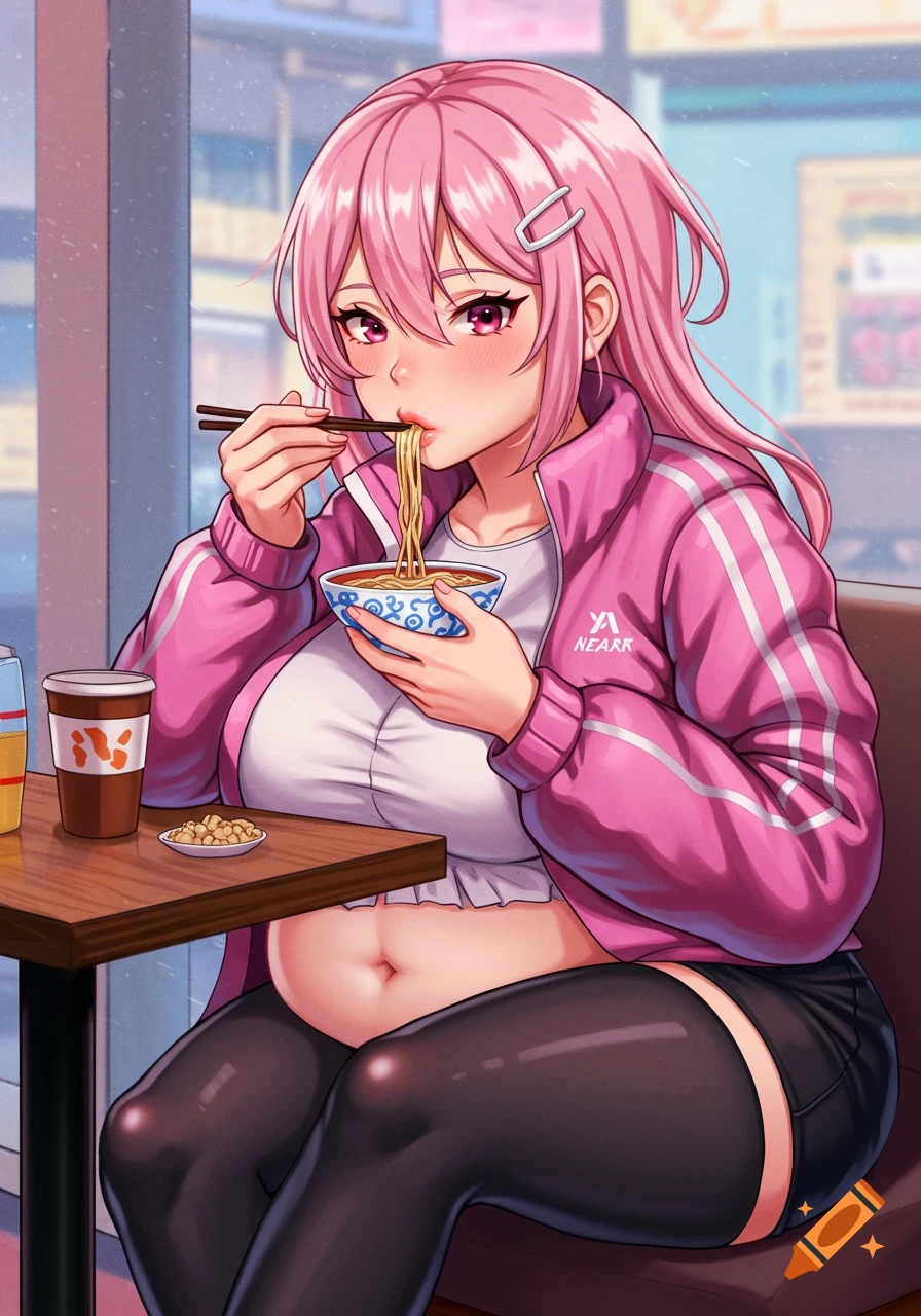 Anime girl with pink hair and a pink jacket eating noodles at a table.