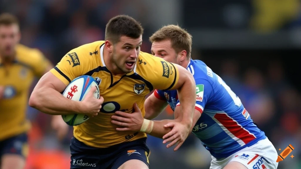 Two rugby players compete for the ball during a match.