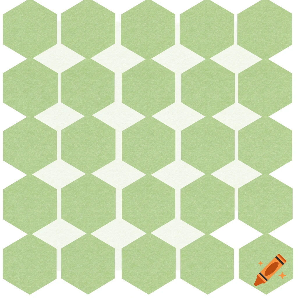 A seamless geometric pattern of light green hexagons and white diamond shapes.