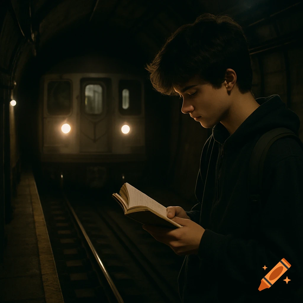 Young person reads a book in a dimly lit subway station as a train approaches.