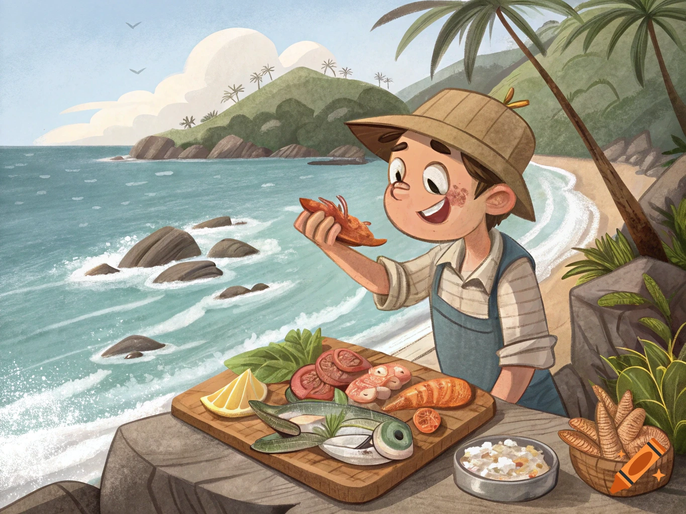 Cartoon illustration of a boy on a tropical beach holding a shrimp, with prepared seafood on a cutting board.