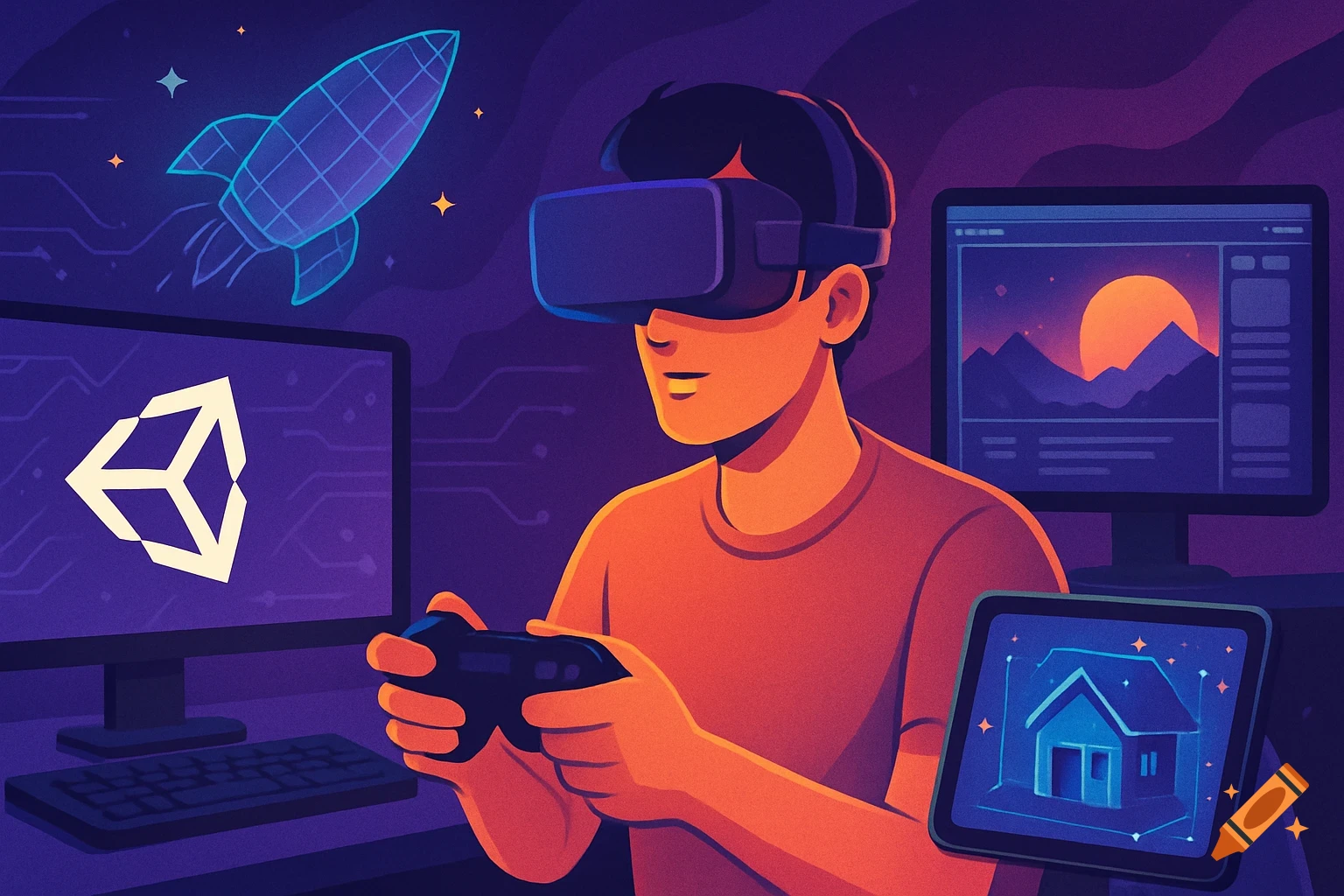 Illustrated person with VR headset and controller, screens display Unity logo, virtual house, and rocket. Technology concept.