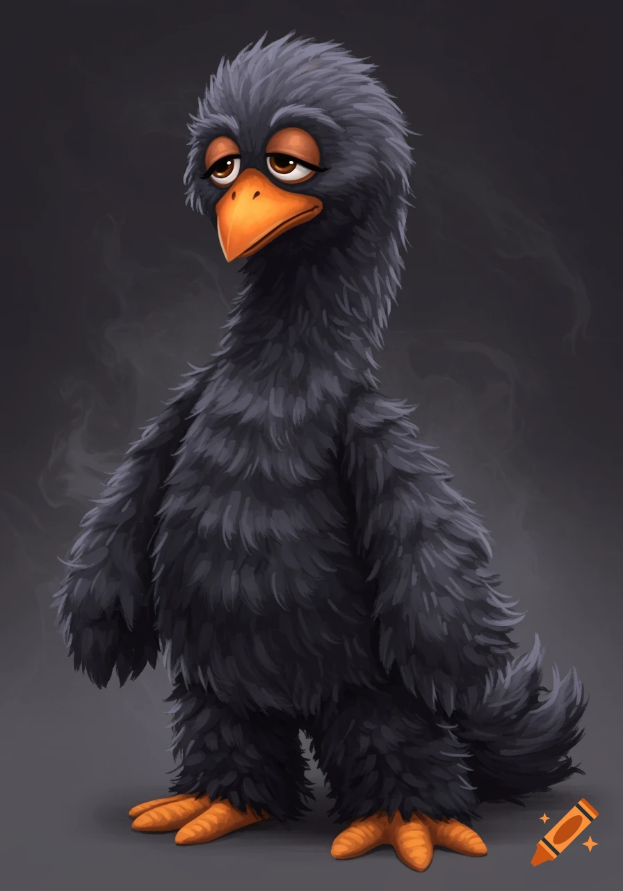 A fluffy black cartoon puppet with a long neck, sad eyes, and orange beak and feet stands against a dark background.