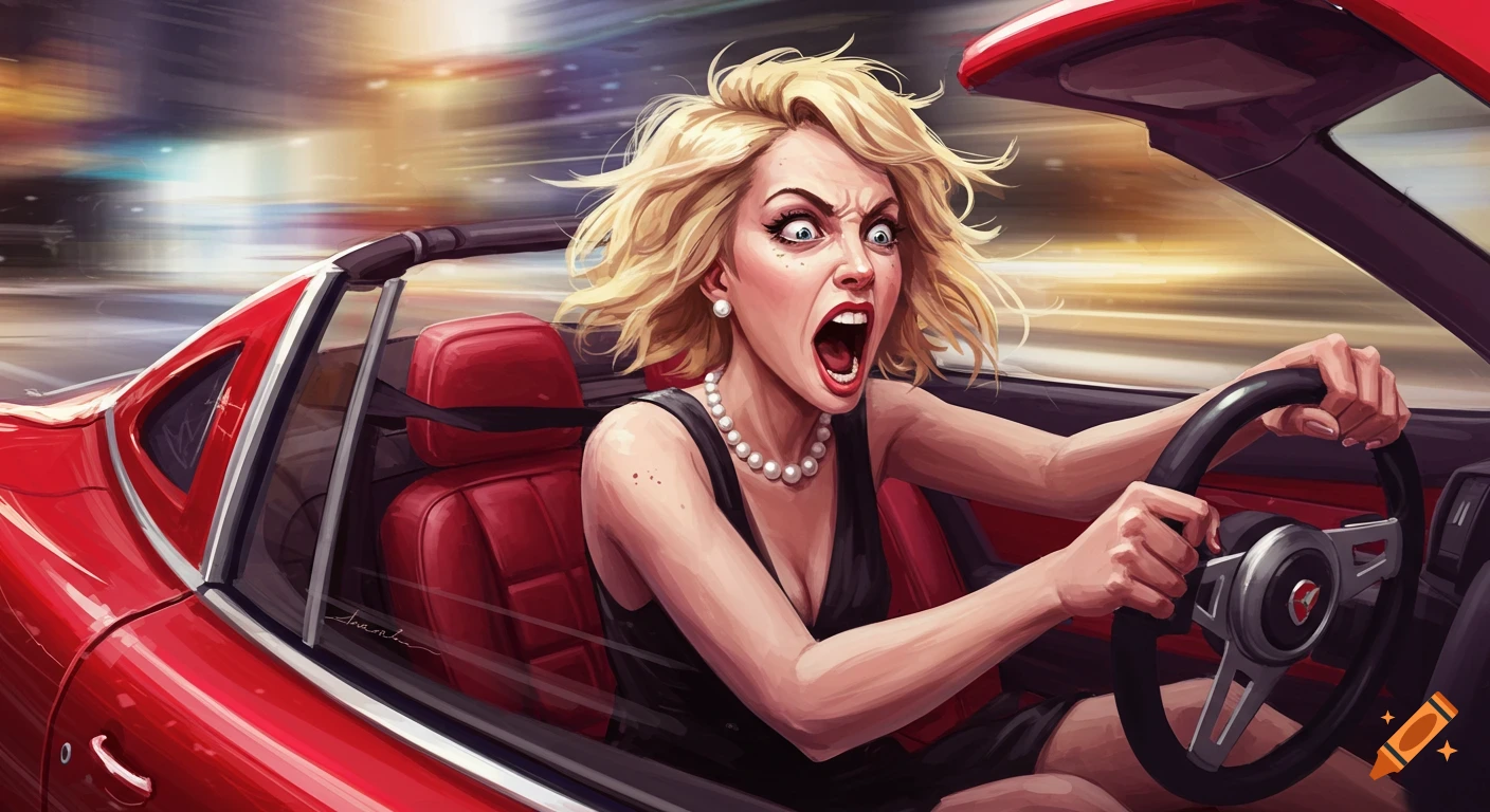 Illustrated view of a screaming woman with wild hair driving a red convertible at speed.