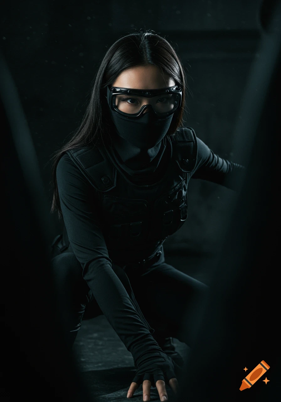 Person in black tactical gear, mask, and goggles crouching in the shadows.