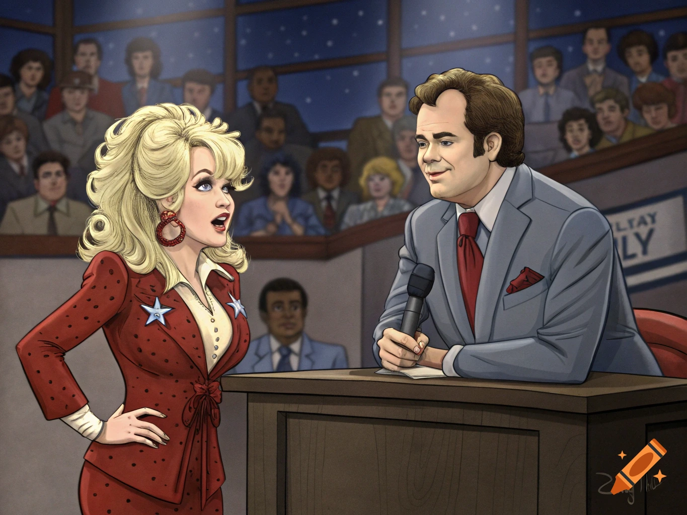 A cartoon illustration of Dolly Parton and Dan Aykroyd debating on a stage in front of an audience.