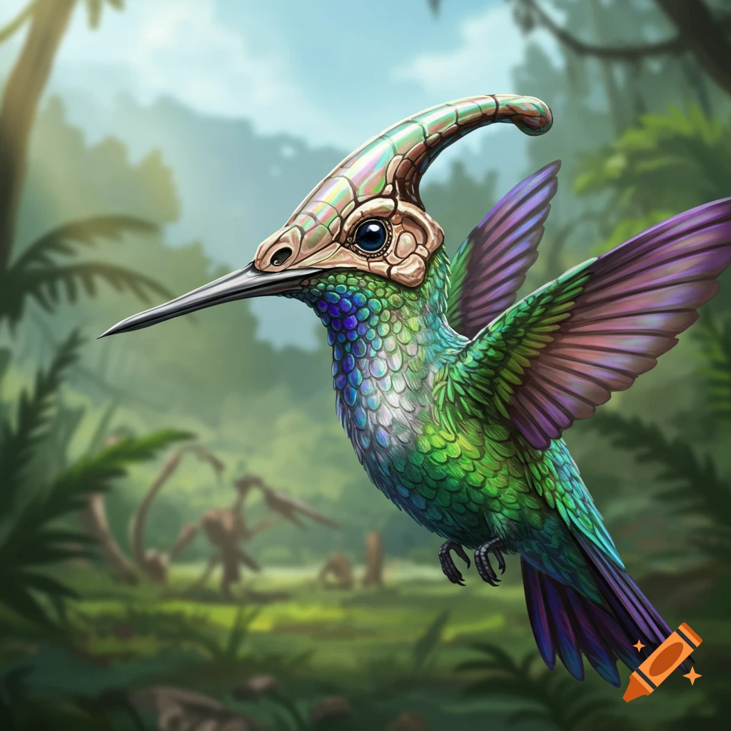 A vibrant green and purple creature with a hummingbird body and a parasaurolophus crest flies through a jungle with dinosaur bones.