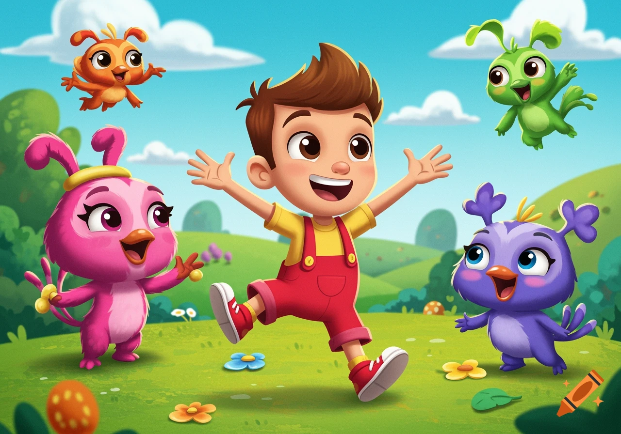 Cartoon boy jumps with arms wide, surrounded by colorful fantasy creatures in a bright grassy field.