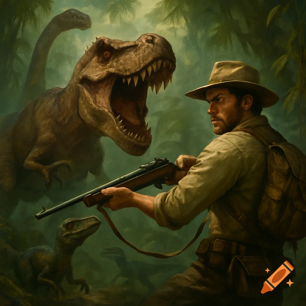 Man aims rifle at a roaring T-Rex in a lush jungle with other dinosaurs.