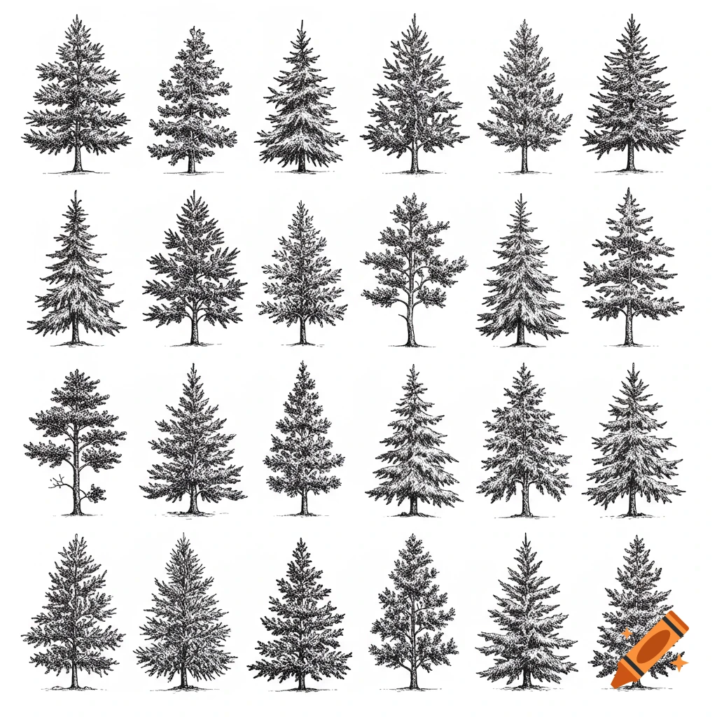 Twenty varied pine tree and conifer illustrations in black and white pen and ink style on white background.