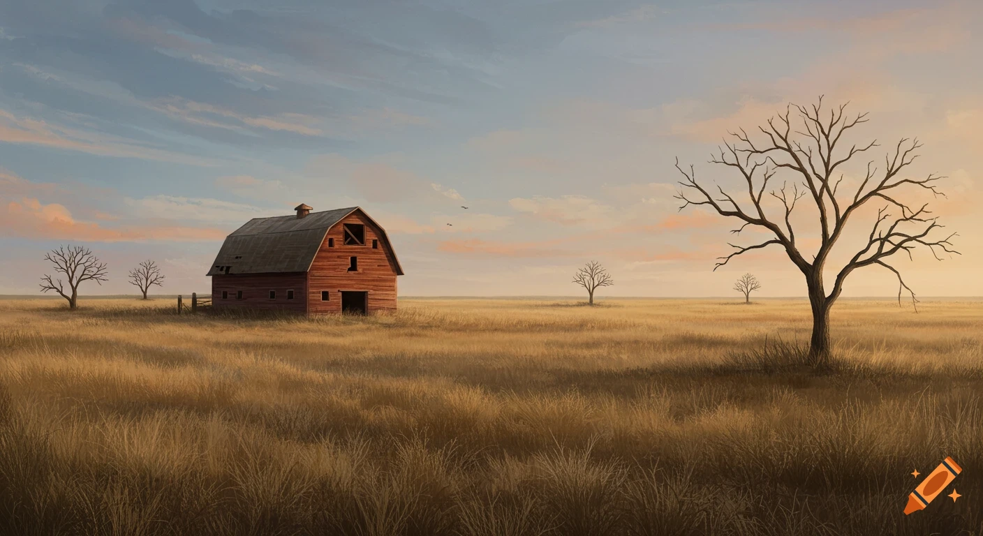 An old red barn stands in a vast field of tall grass under a cloudy sky at sunset. Leafless trees dot the landscape.
