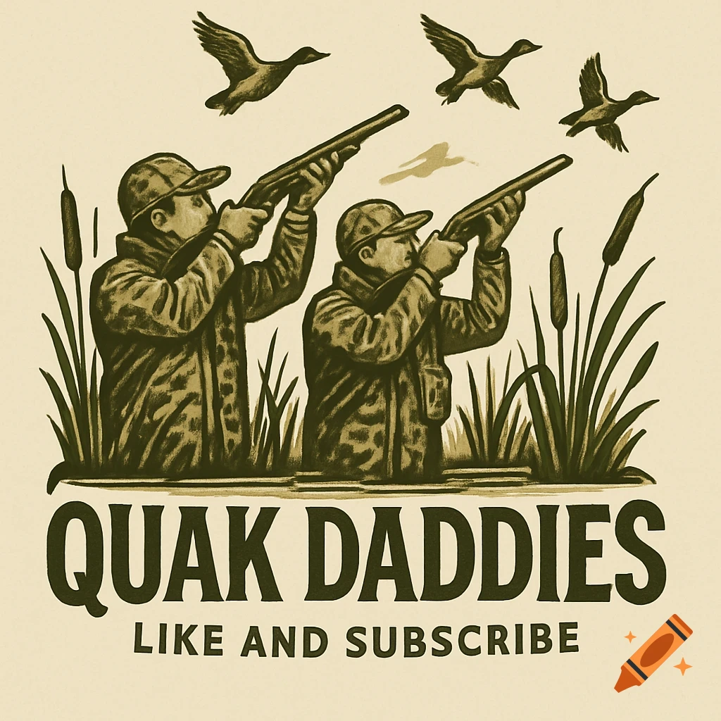 Vintage illustration logo with two duck hunters aiming shotguns at three flying ducks above reeds. Text reads "QUAK DADDIES" and "LIKE AND SUBSCRIBE".