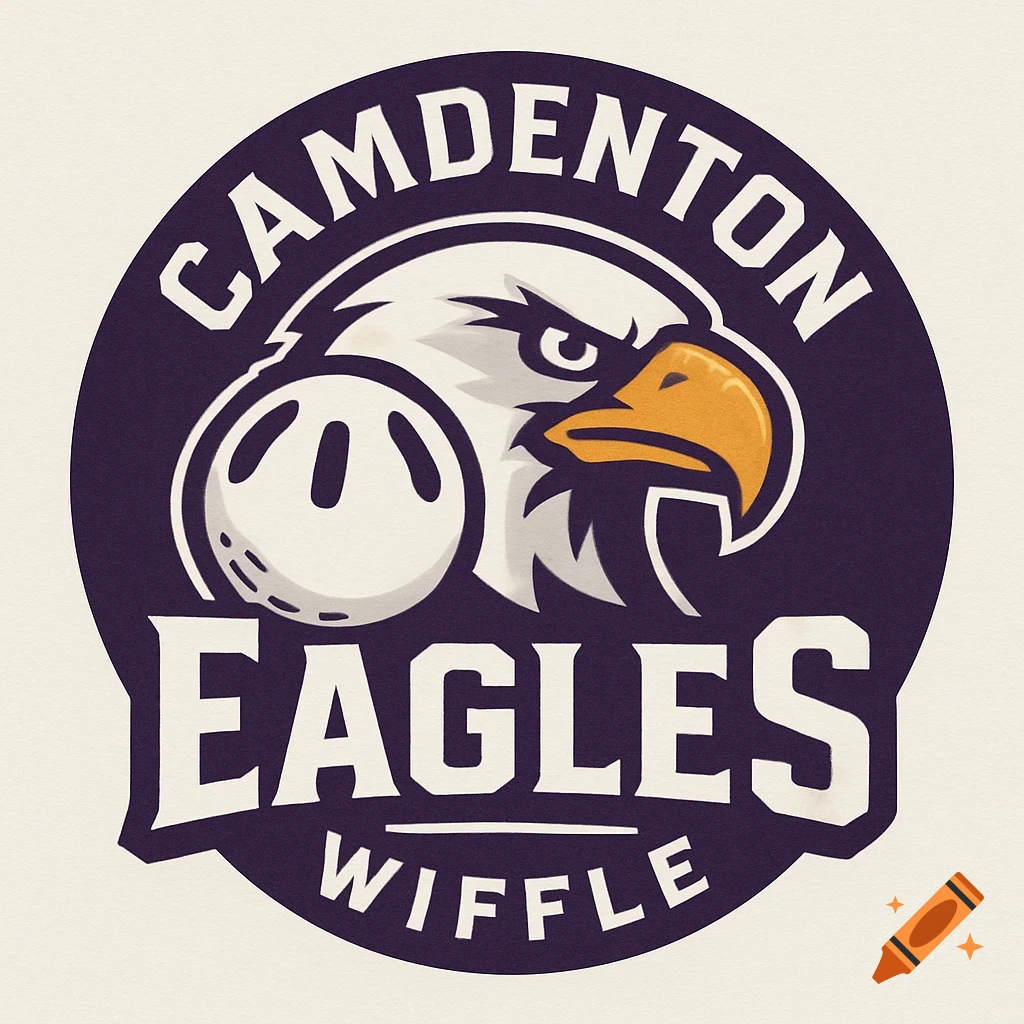 Circular logo for the Camdenton Eagles Wiffle team featuring an eagle head and a wiffle ball.