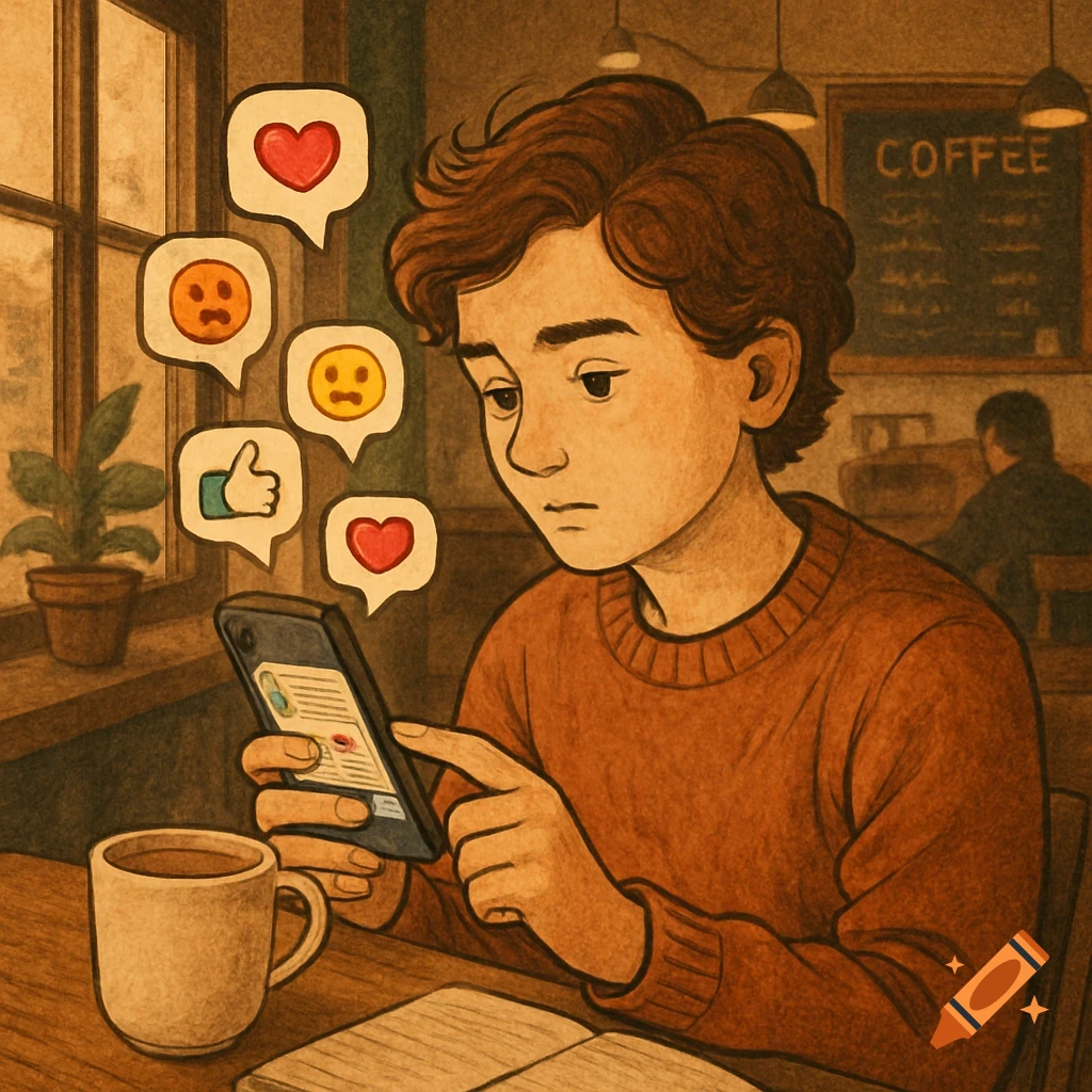 Illustration of a person in a coffee shop looking at their phone with social media reactions floating around it.